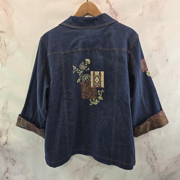 Vintage Denim Jacket Womens Large Jean Button Patchwork Paisley Red Gold - Picture 5 of 12